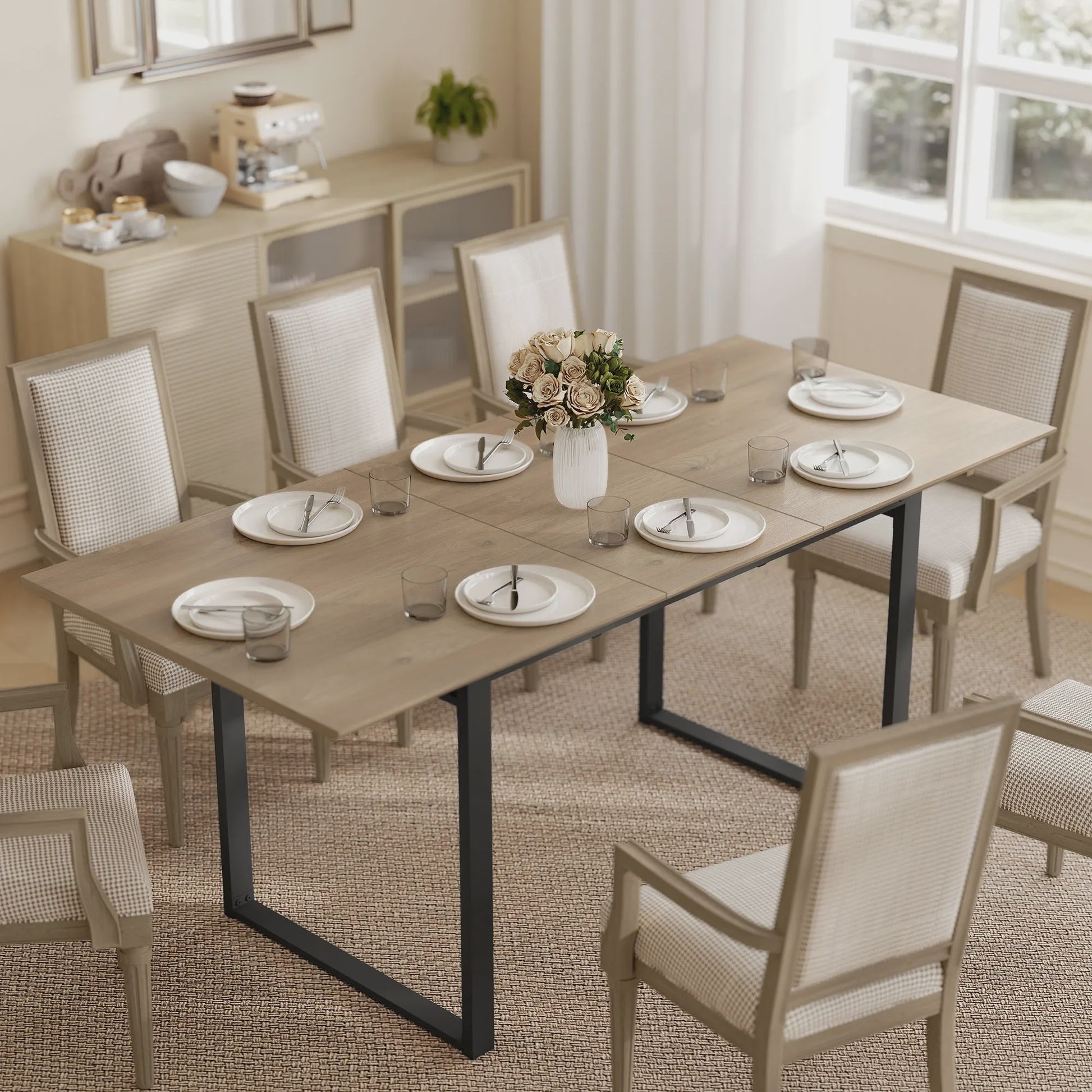 Uitschuifbare Eettafel Industrieel Stijl - 140-180 cm - Natuurlijk Hout Effect - Geschikt voor 6-8 Personen