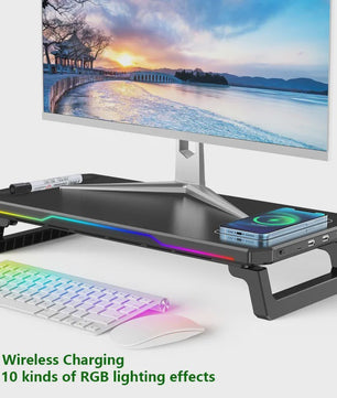 RGB Monitorstandaard met Draadloze Oplader en USB Hub