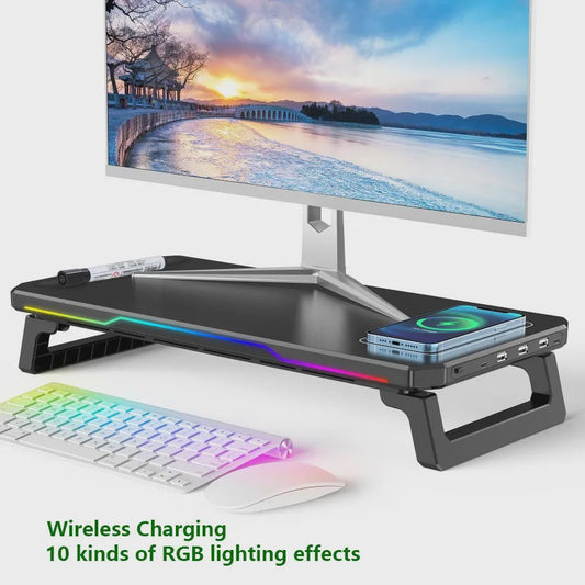 RGB Monitorstandaard met Draadloze Oplader en USB Hub