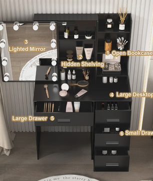 Kaptafel met LED Verlichting, Schuifspiegel en 4 Lades - Make-up Tafel