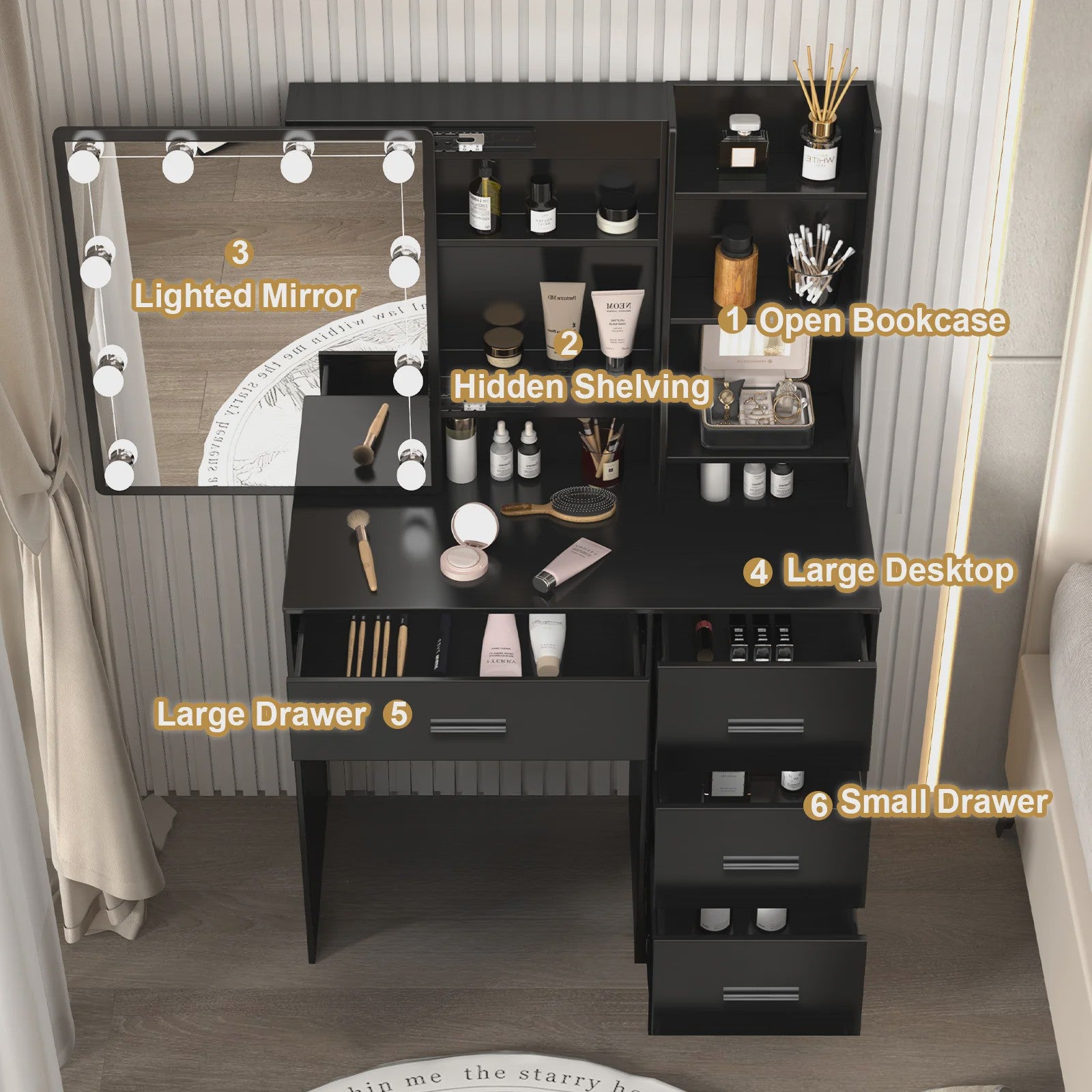 Kaptafel met LED Verlichting, Schuifspiegel en 4 Lades - Make-up Tafel