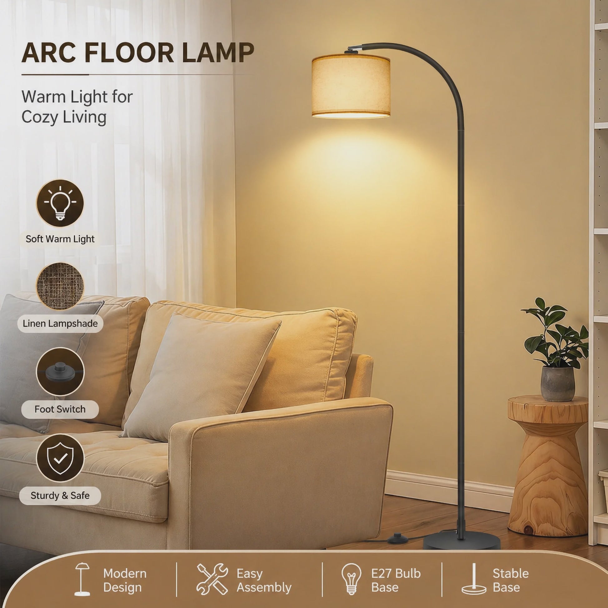 Moderne Boog Vloerlamp 170cm met Linnen Lampenkap, Voetschakelaar & LED E27 Bulb