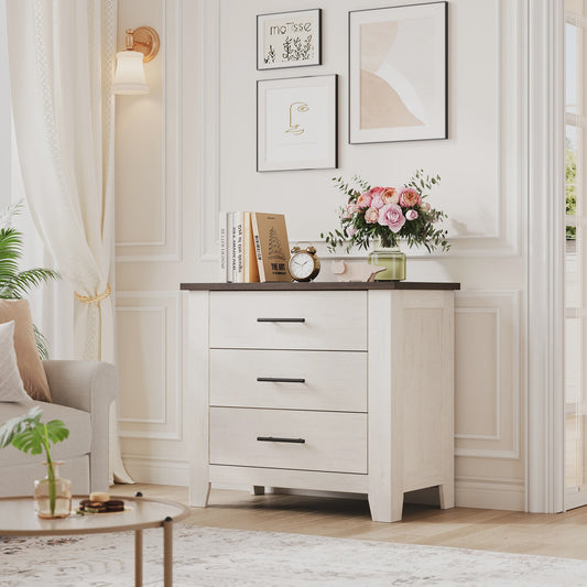 3-Laden Commode Wit Bruin - Compact Nachtkastje en Ladekast voor Slaapkamer/Woonkamer