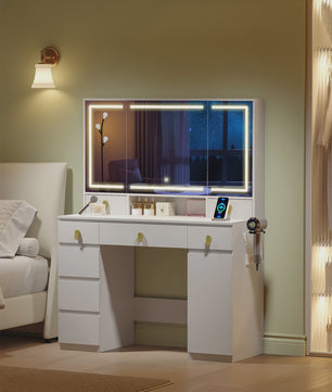 Kaptafel met Spiegel, LED Verlichting, Stopcontact & Föhn Houder - 8 Lades, 3 Kleuren, Dimbaar