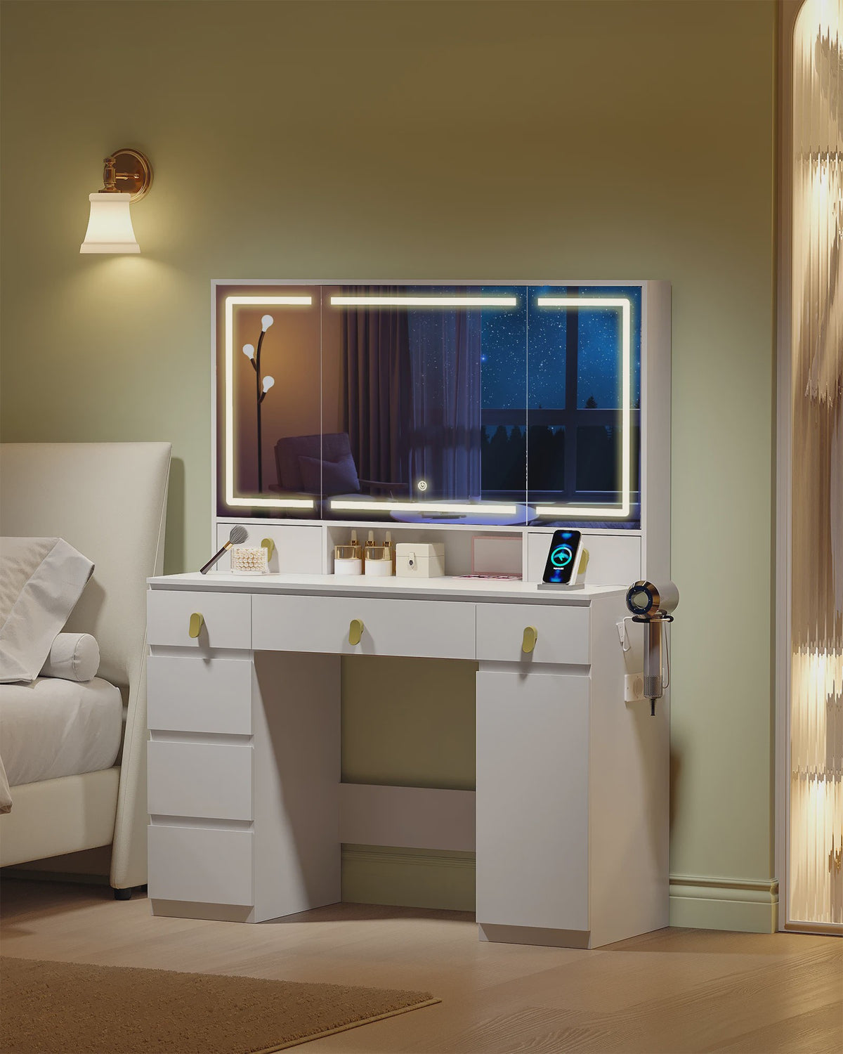 Kaptafel met Spiegel, LED Verlichting, Stopcontact & Föhn Houder - 8 Lades, 3 Kleuren, Dimbaar