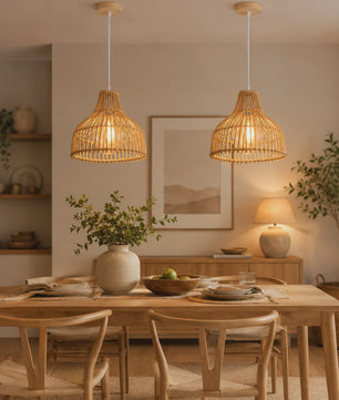 Rieten Hanglamp 24cm - Boho Stijl Plafondlamp voor Keuken, Woon- en Eetkamer