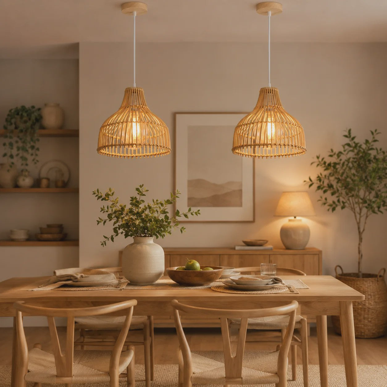 Rieten Hanglamp 24cm - Boho Stijl Plafondlamp voor Keuken, Woon- en Eetkamer