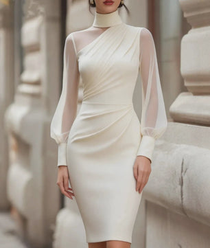 Dames Elegante Mesh Jurk met Col en Ruches - Midi Lengte