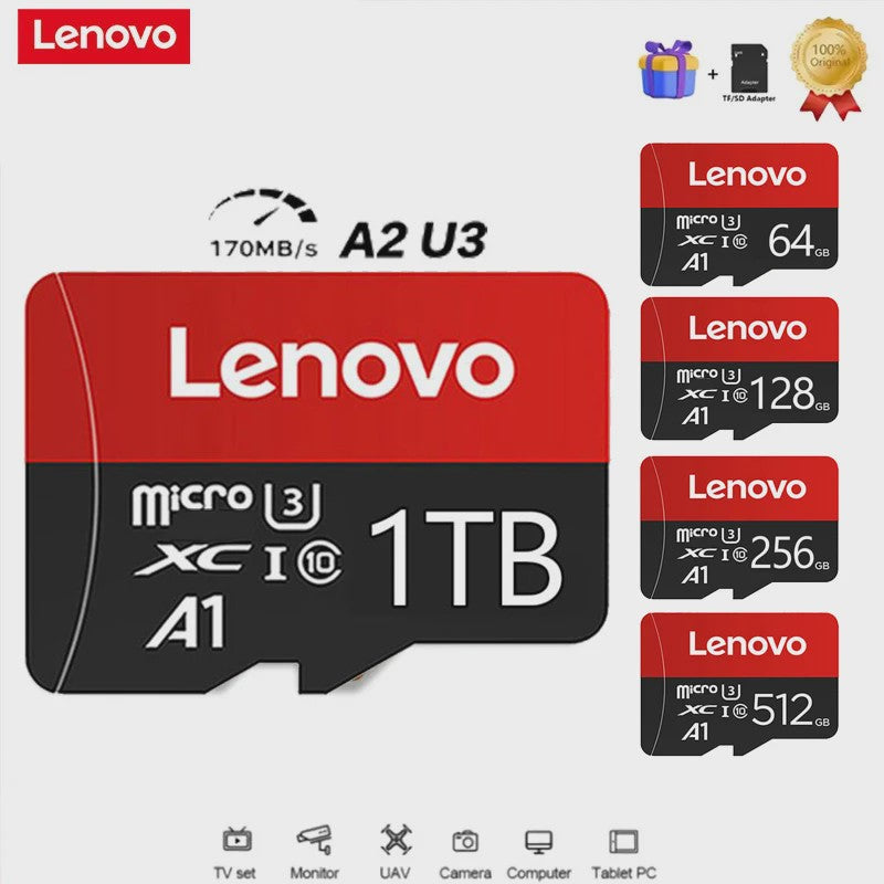 Lenovo Micro SDXC Kaart 1TB - Hoge Snelheid Klasse 10 UHS-I U1 A1 voor 4K Video, Telefoons, Camera's & Drones