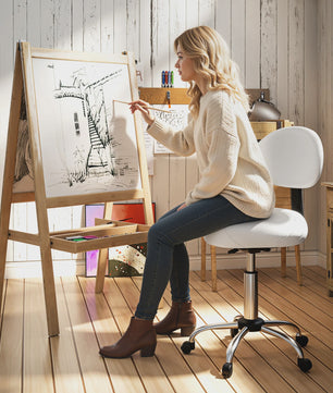 Verstelbare Zwenkstoel met Rugleuning en Wielen - Wit - Ideaal voor Salon & Studio