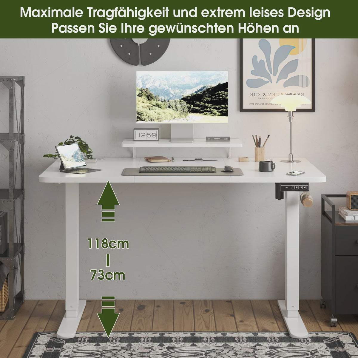 Elektrisch In Hoogte Verstelbaar Bureau 160x70cm Wit met Monitorstandaard - Ergonomisch Zit-Sta Werkplek