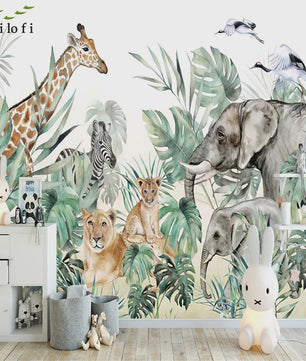 Milofi 3D Muurschildering Behang: Scandinavisch Bos met Jungle Dieren voor Kinderkamer