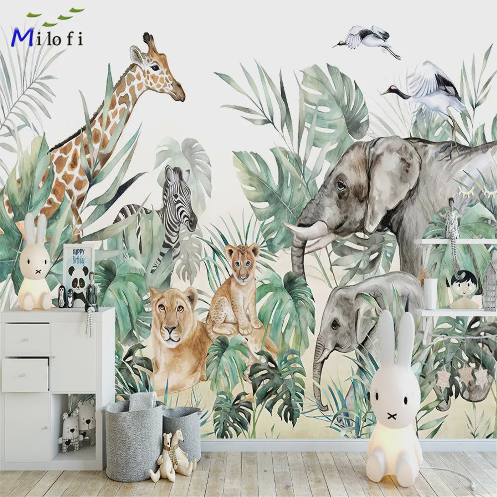 Milofi 3D Muurschildering Behang: Scandinavisch Bos met Jungle Dieren voor Kinderkamer