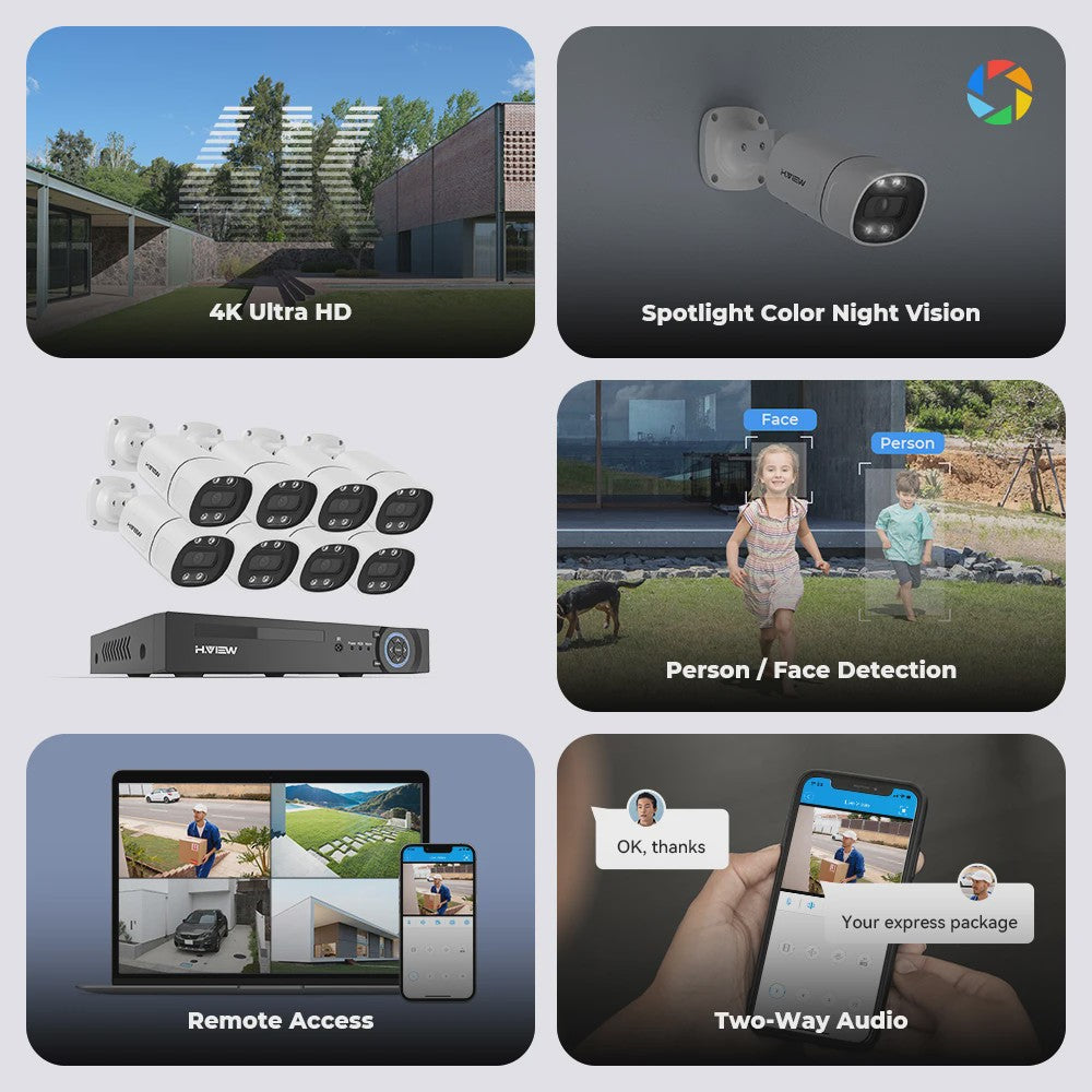 H.View 4K/8MP PoE Beveiligingscamera Systeem met 8-Kanaals NVR & Audio