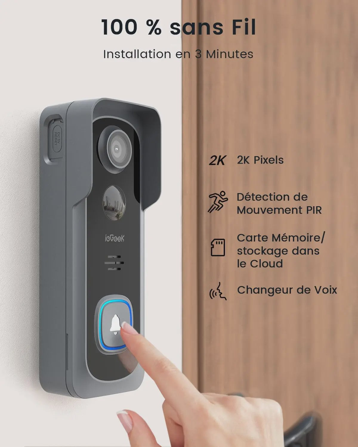 ieGeek Draadloze Deurbel met Camera - 2K, IP66 Waterdicht, Geen Maandelijkse Kosten, Tweeweg Audio, PIR Detectie, 2.4G WiFi