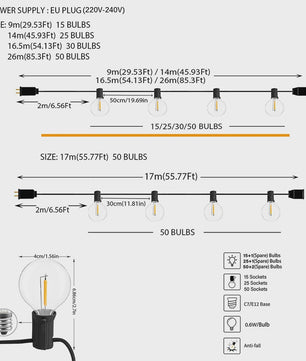 Waterdichte LED Tuinslinger Verlichting G40 - 9M tot 17M - Sfeervolle Buitenverlichting