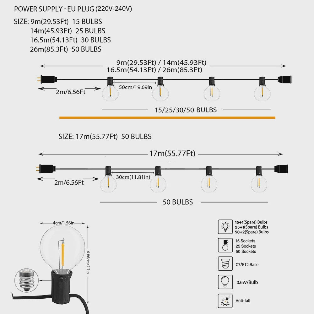 Waterdichte LED Tuinslinger Verlichting G40 - 9M tot 17M - Sfeervolle Buitenverlichting