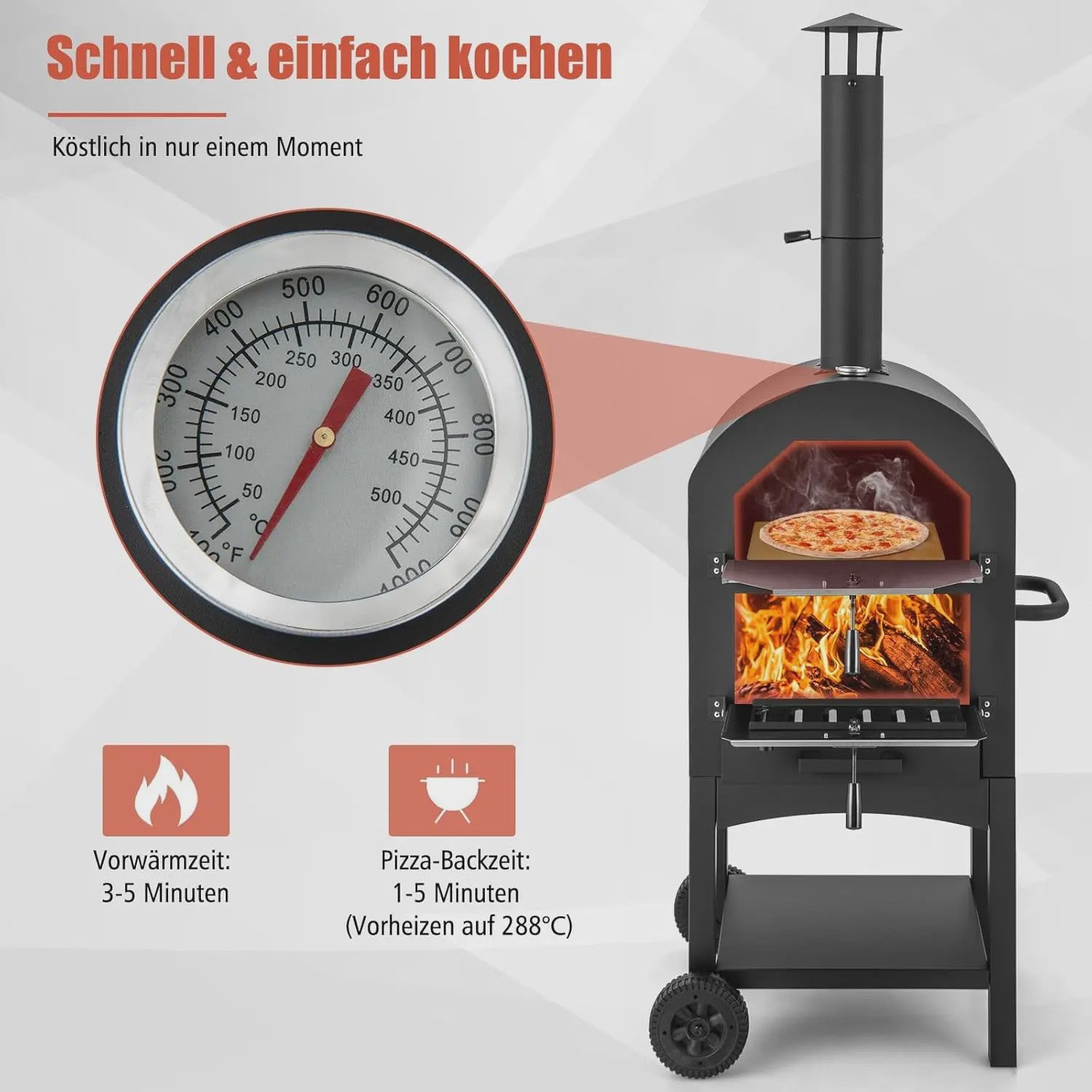 Houtgestookte Buiten Pizzaoven met Ingebouwde Thermometer, Aslade en Waterdichte Hoes