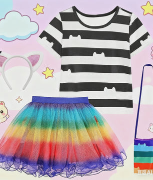 Meisjes Kleding Set: Zwart-Wit Katten T-shirt & Regenboog Tutu Rok met Accessoires
