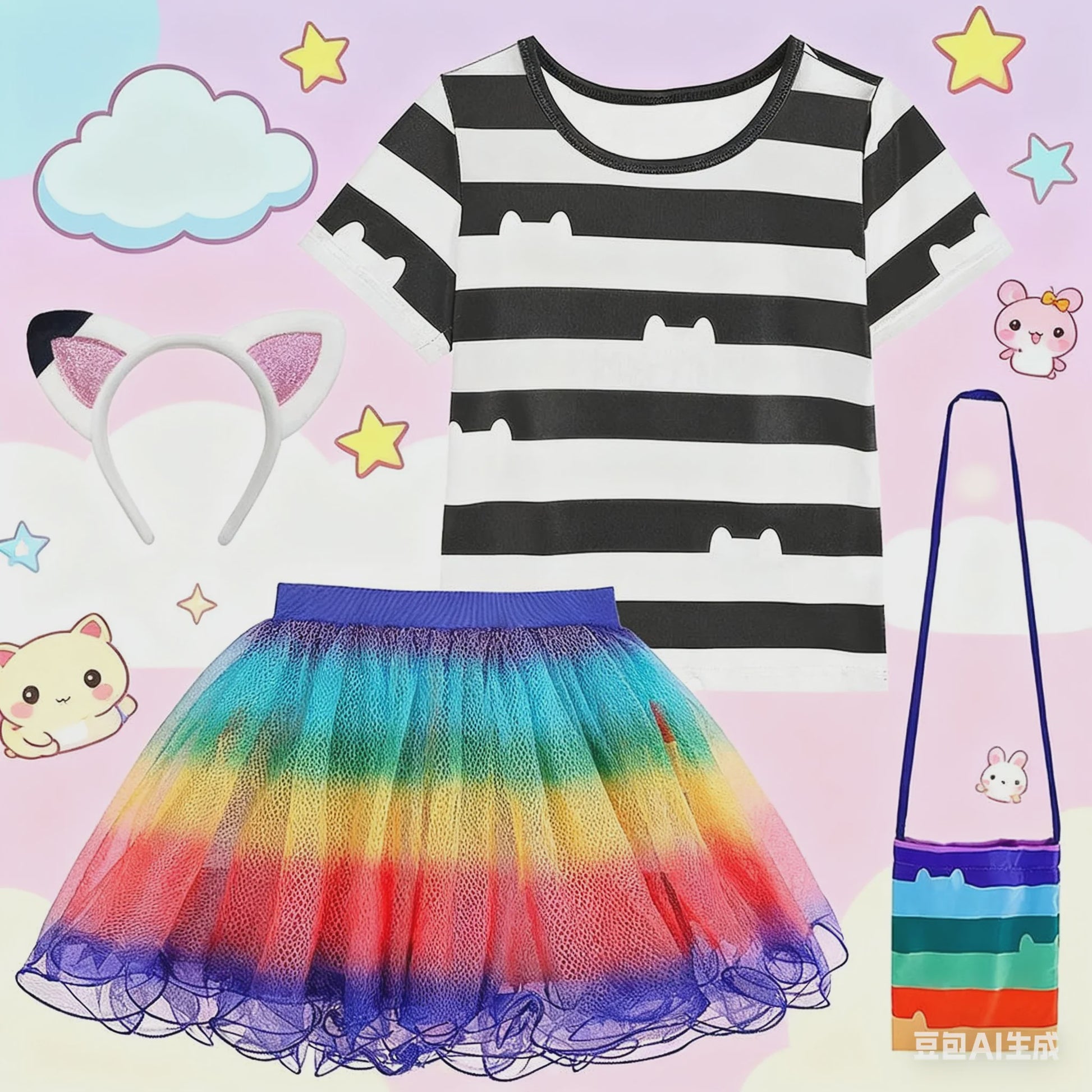 Meisjes Kleding Set: Zwart-Wit Katten T-shirt & Regenboog Tutu Rok met Accessoires
