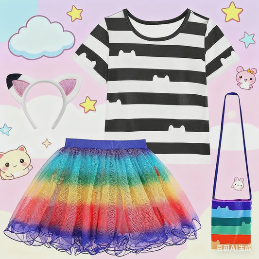 Meisjes Kleding Set: Zwart-Wit Katten T-shirt & Regenboog Tutu Rok met Accessoires
