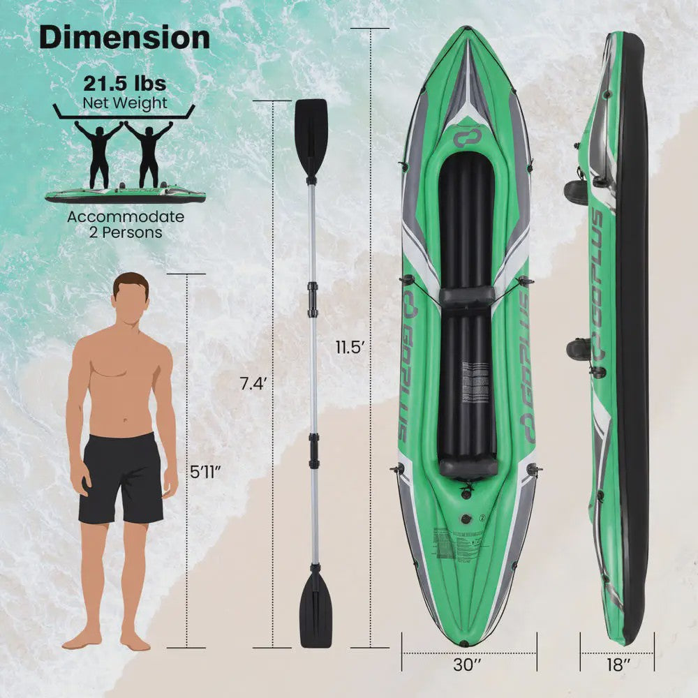 Opblaasbare Kajak voor 2 Personen - 11.5ft Groen - Inclusief Paddles & Pomp
