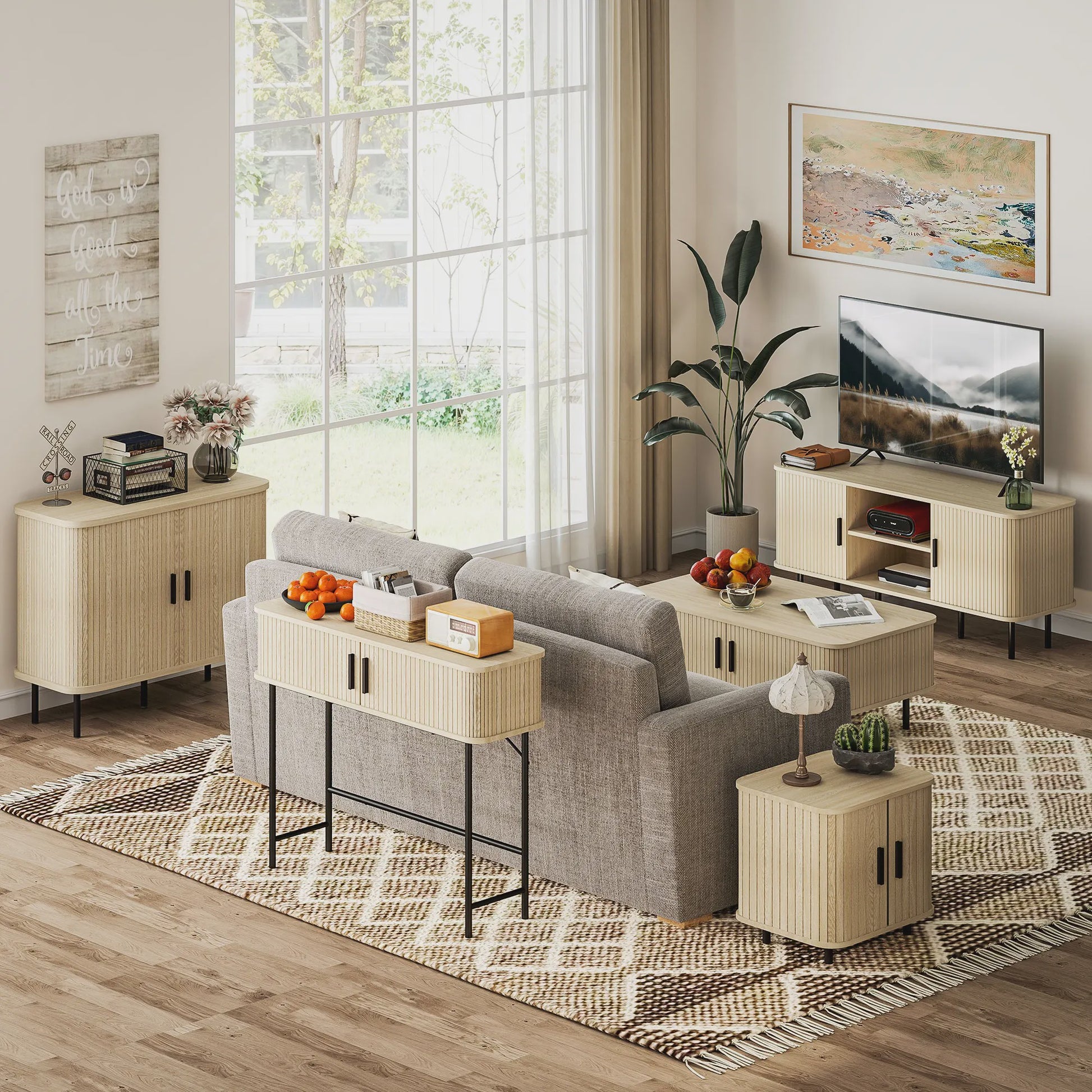 Vintage Console Tafel met 2 Schuifdeuren - Oak & Zwart - 100x30x80 cm