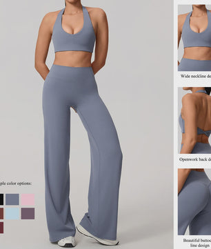 Dames Sportset: Sneldrogende Yoga Top met U-hals en Bell-Bottoms