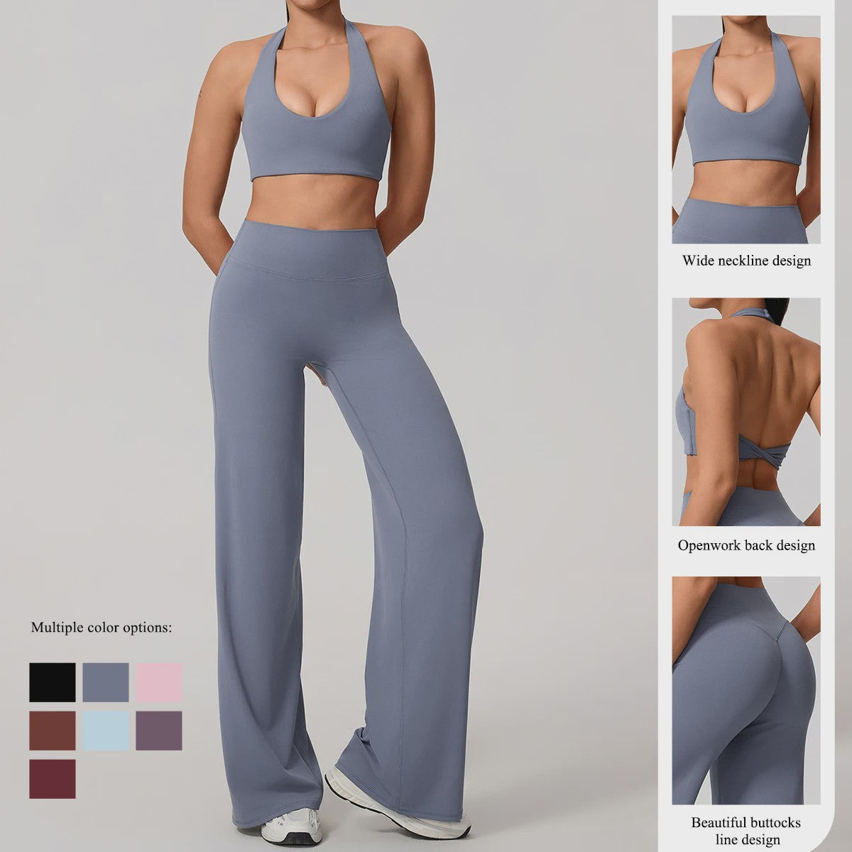 Dames Sportset: Sneldrogende Yoga Top met U-hals en Bell-Bottoms