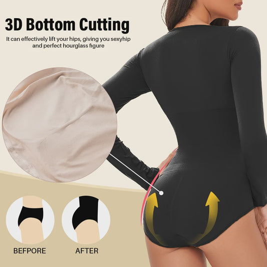POKARLA Spandex Elastic Body Suit Shapewear Women Body Shaper Tummy Control Long Sleeve Open Crotch Round Neck Seamless Shapers