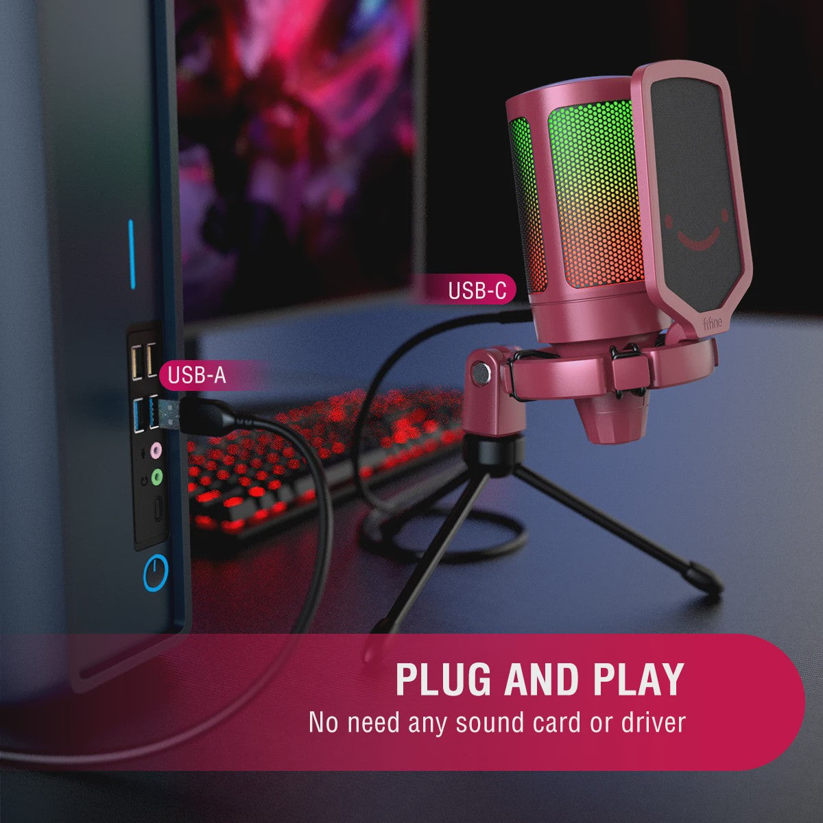 FIFINE A6V RGB USB Gaming Microfoon voor PC & Streaming - Plug & Play Condenser Mic met Pop Filter en Gain Control
