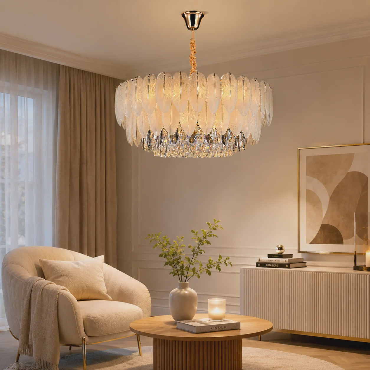 Luxe Pluimen & Kristal Plafondlamp - Sfeervolle Hanglamp voor Woonkamer & Slaapkamer