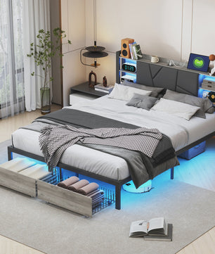 Gestoffeerd Dubbel Bedframe met 2 Lades en LED Verlichting - 140/160/180x200cm