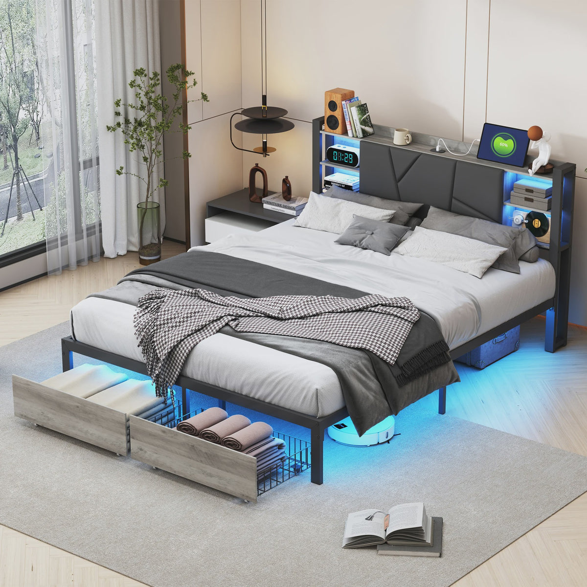 Gestoffeerd Dubbel Bedframe met 2 Lades en LED Verlichting - 140/160/180x200cm