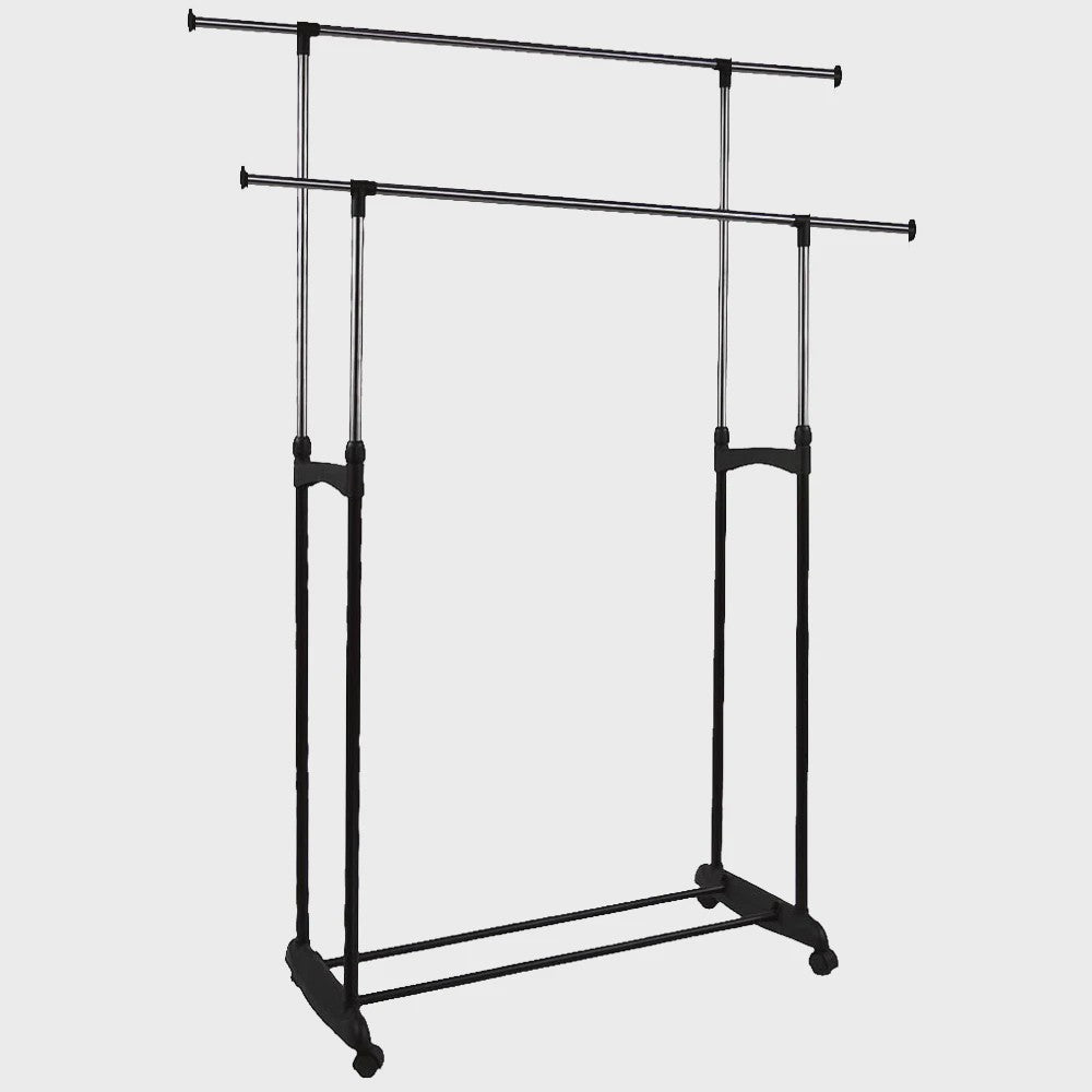 Verstelbare Kledingrek met 2 Hangen Rails en Wielen - 84-150 cm Breed