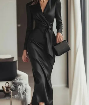 Elegante Damesjurk met Lange Mouwen en Tailleband - Hepburn Stijl