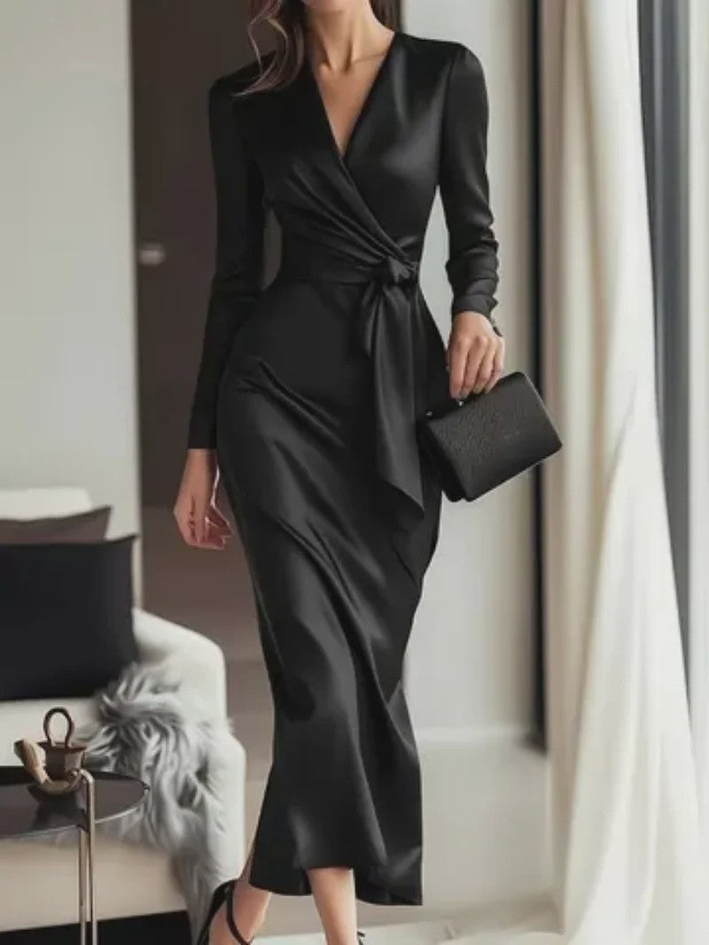 Elegante Damesjurk met Lange Mouwen en Tailleband - Hepburn Stijl