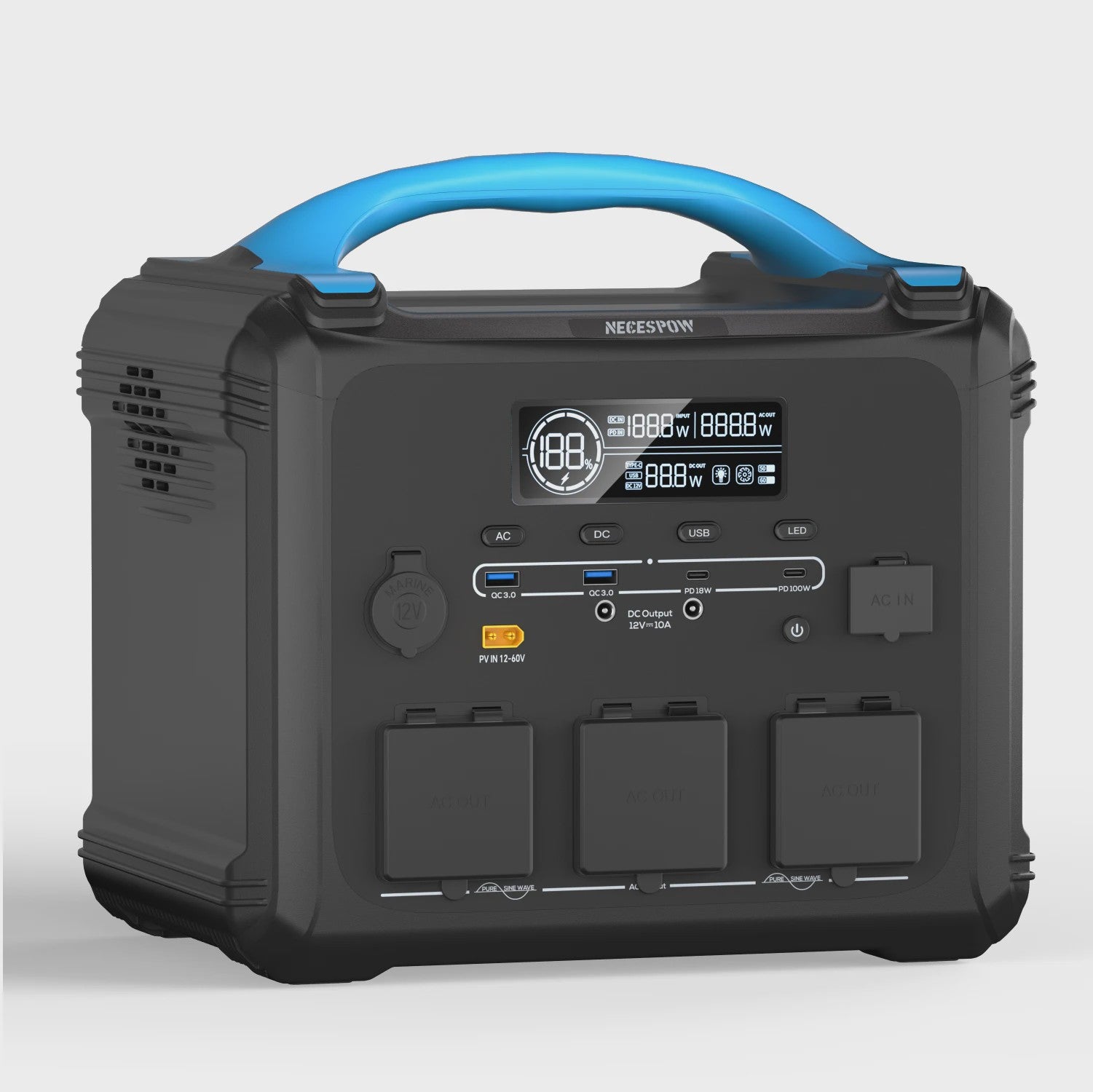 Necespow S1210/S2000 Power Station: 2000W, 1102.5Wh Accu, MPPT Solar Generator