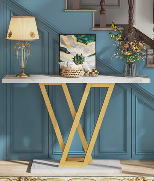 Industriële Console Tafel 110cm - Marmerlook & Goudkleurig Metaal - Hal & Woonkamer