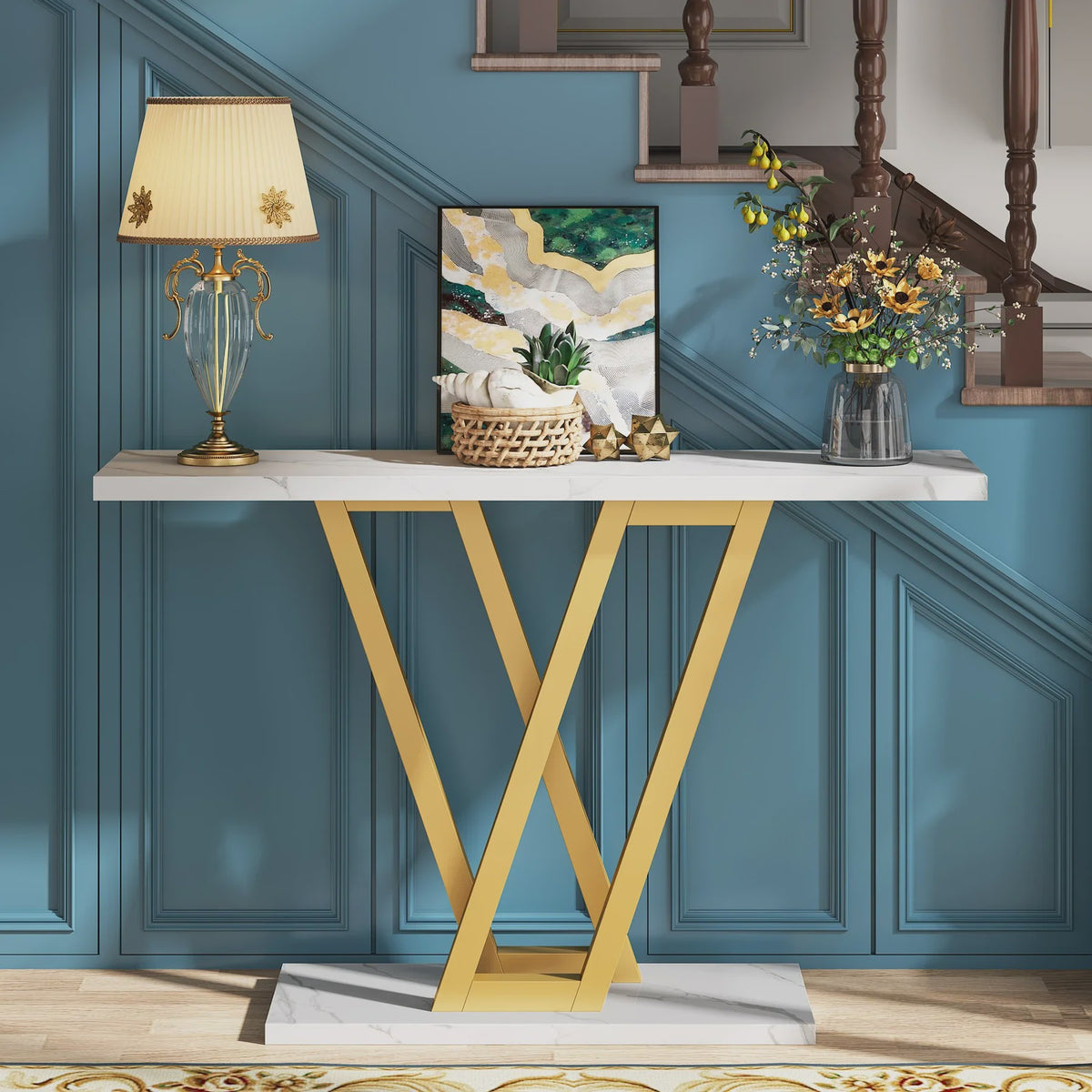 Industriële Console Tafel 110cm - Marmerlook & Goudkleurig Metaal - Hal & Woonkamer