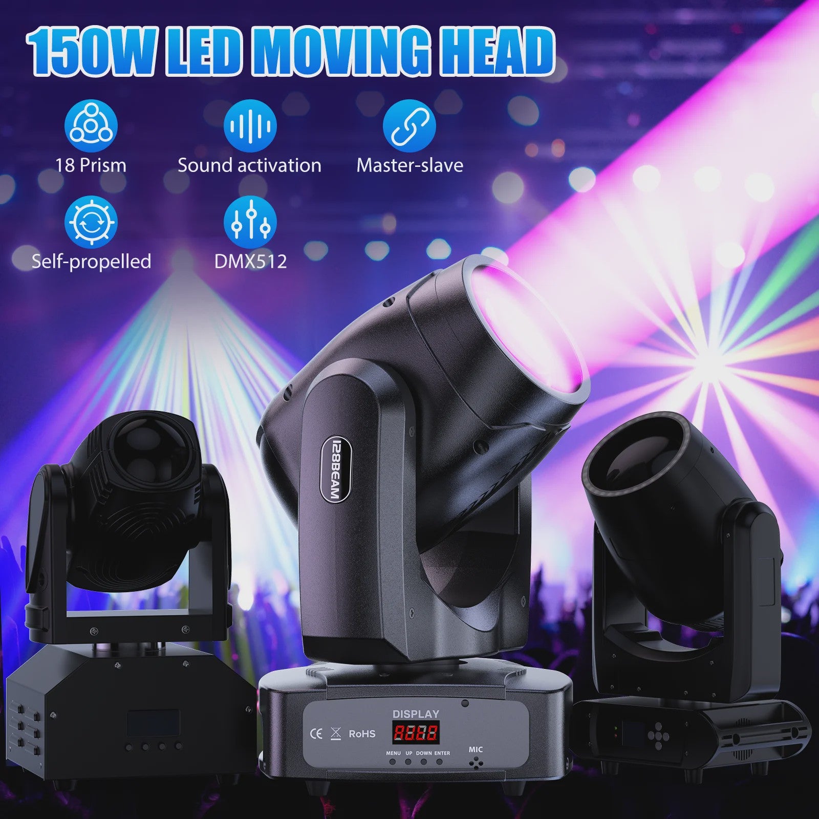 150W LED Moving Head Beam Lichteffect met DMX512 en Prisma's voor DJ, Disco & Feesten