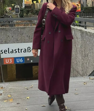 Dames Jas Burgundy - Dubbelzijdig Sluitend, Lange Mouwen, Klassieke Kraag - Herfst Winter Collectie