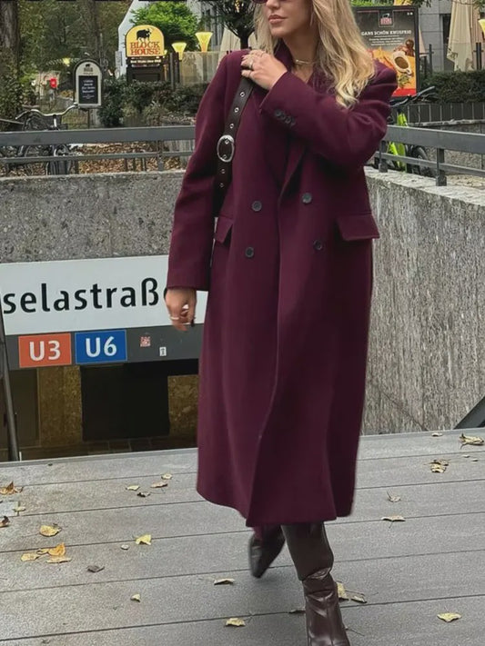 Dames Jas Burgundy - Dubbelzijdig Sluitend, Lange Mouwen, Klassieke Kraag - Herfst Winter Collectie
