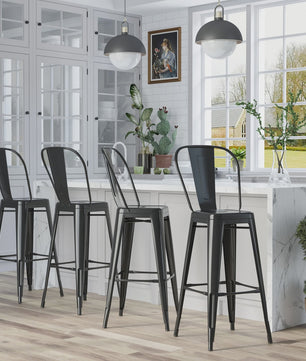 Homcom Set of 4 Metal Bar Stools High Stool Industrial Bar Chair with Backrest Seat Height 76.5 cm Black Metal