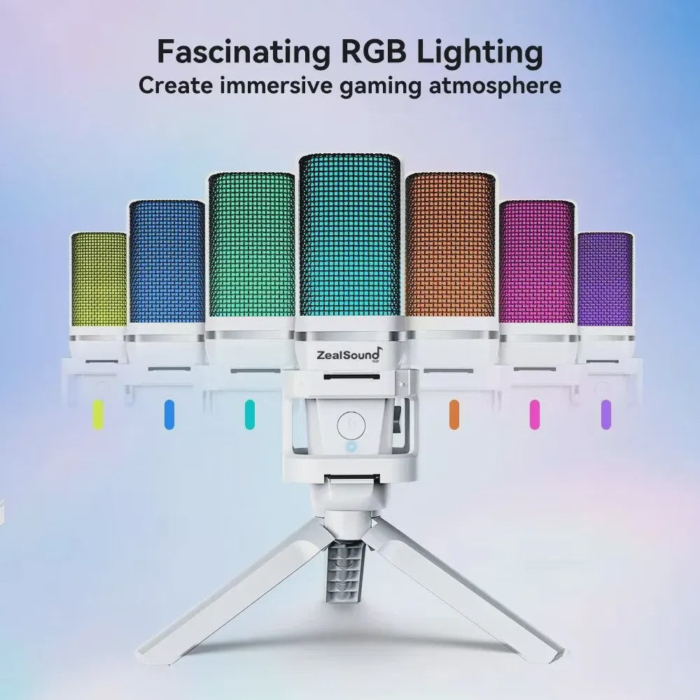 Zealsound RGB USB Condensator Microfoon met Verstelbare Arm - Wit | Gaming, Streaming & Opnames