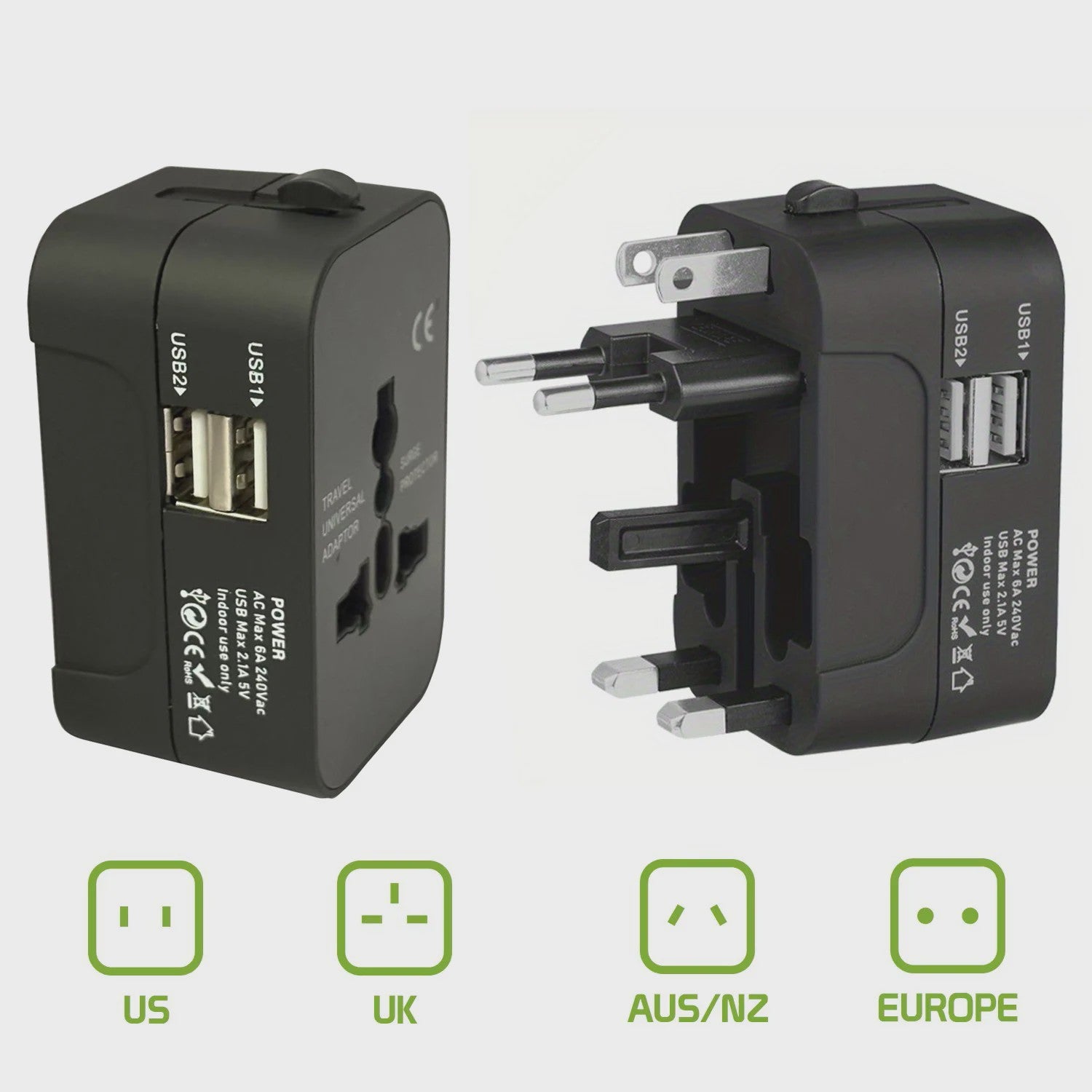 Universele Reisadapter met 2 USB & USB-C Poorten - Wereldwijd Bruikbaar