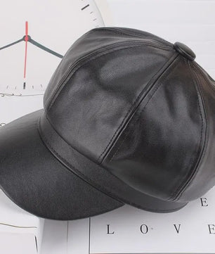 Klassieke Zwarte PU Lederen Baret met Vizier - Retro Stijl Pet voor Dames