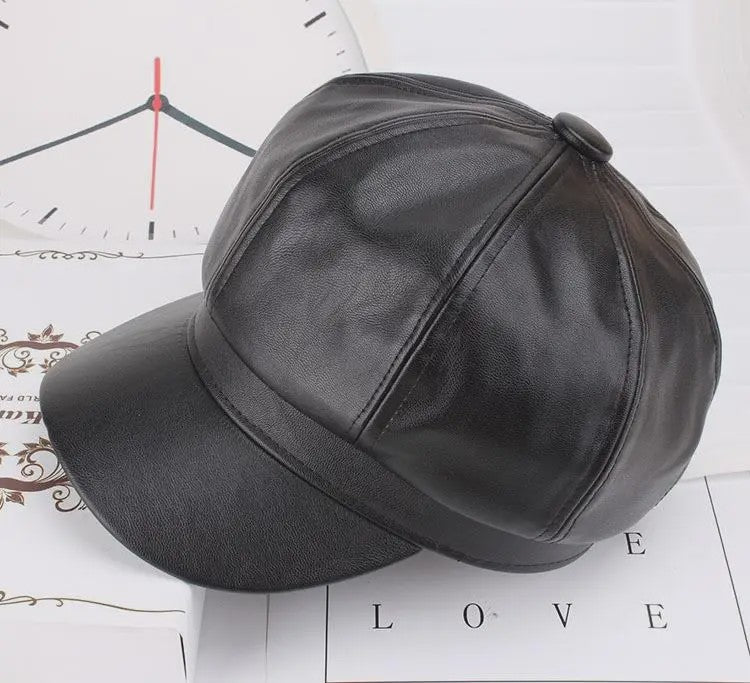 Klassieke Zwarte PU Lederen Baret met Vizier - Retro Stijl Pet voor Dames
