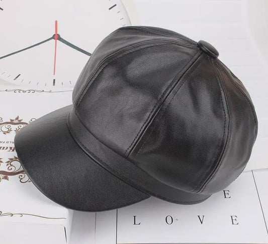 Klassieke Zwarte PU Lederen Baret met Vizier - Retro Stijl Pet voor Dames