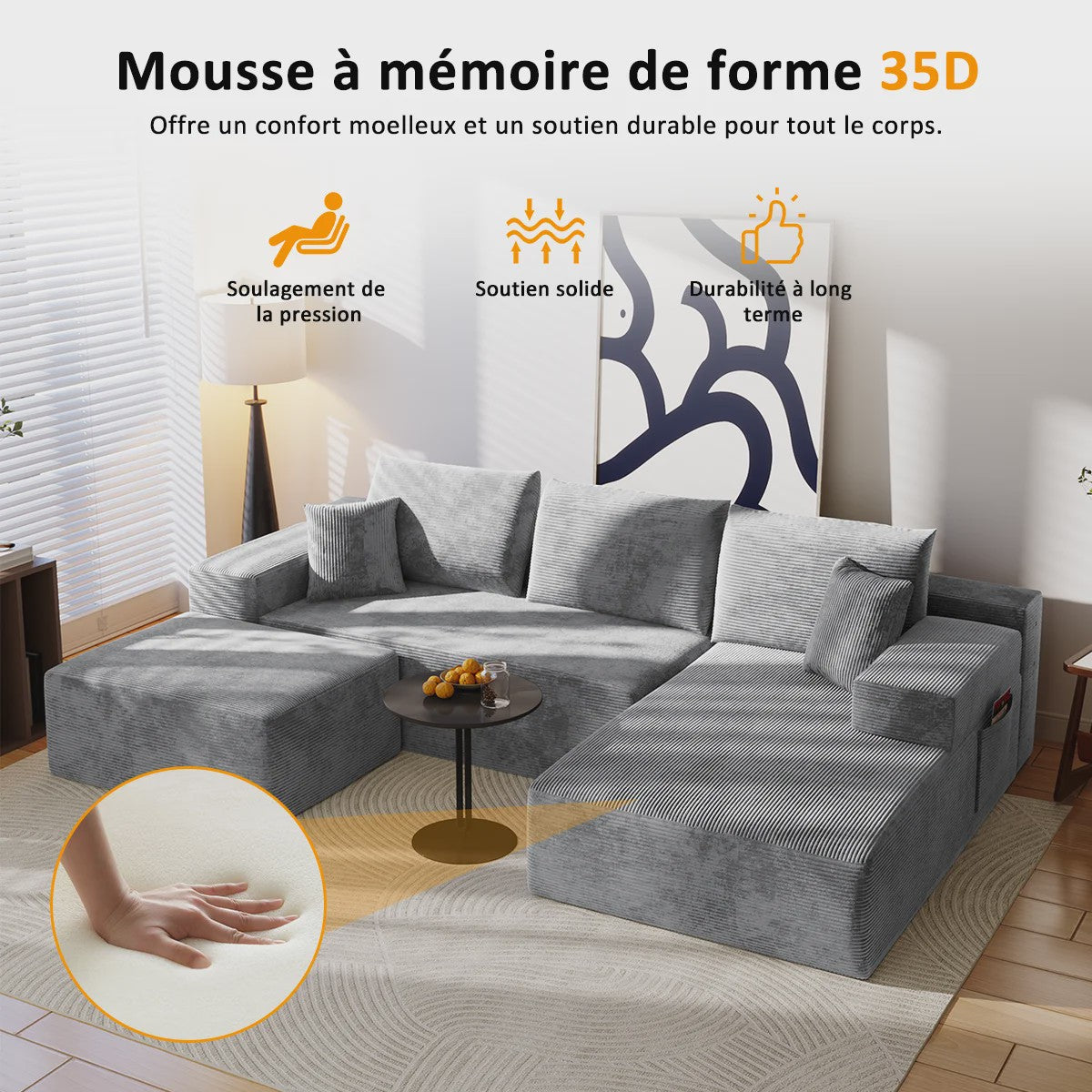 Moderne U-vormige Corduroy Bank met Memory Foam - Modulair en Comfortabel